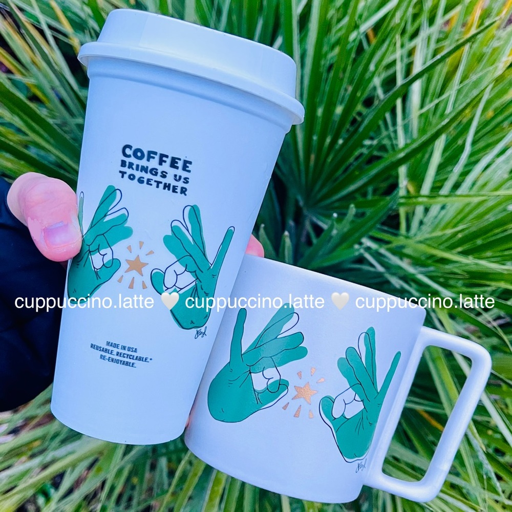 👌LAST SET⭐️Starbucks 2019 ASL Jenna Floyd Green Flickering Hands Mug & Hot Cup